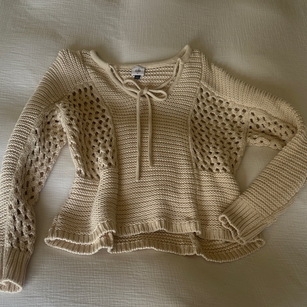 CAbi Cream Knit Sweater with Lace Detail
